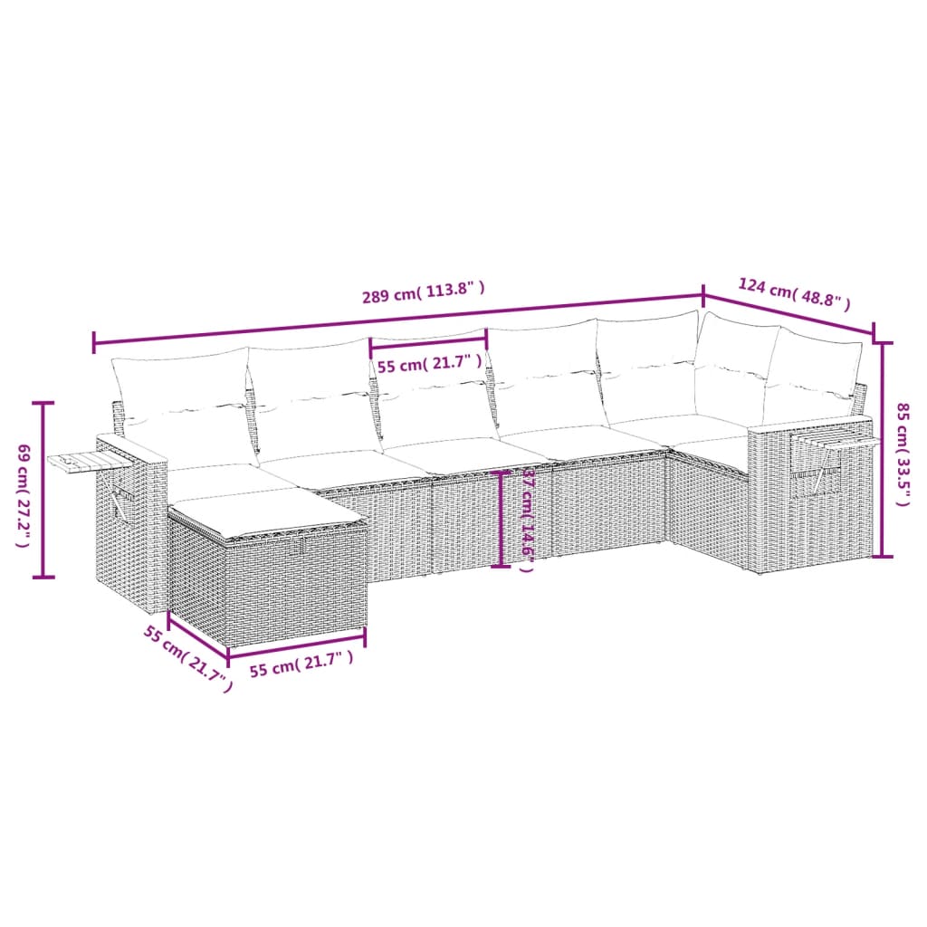 vidaXL 7 részes szürke polyrattan kerti ülőgarnitúra párnákkal