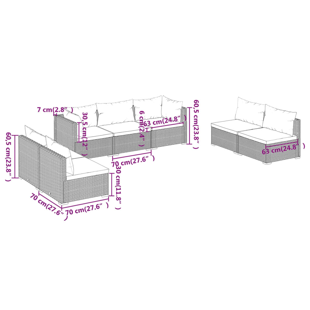 vidaXL 7 részes fekete polyrattan kerti ülőgarnitúra párnákkal