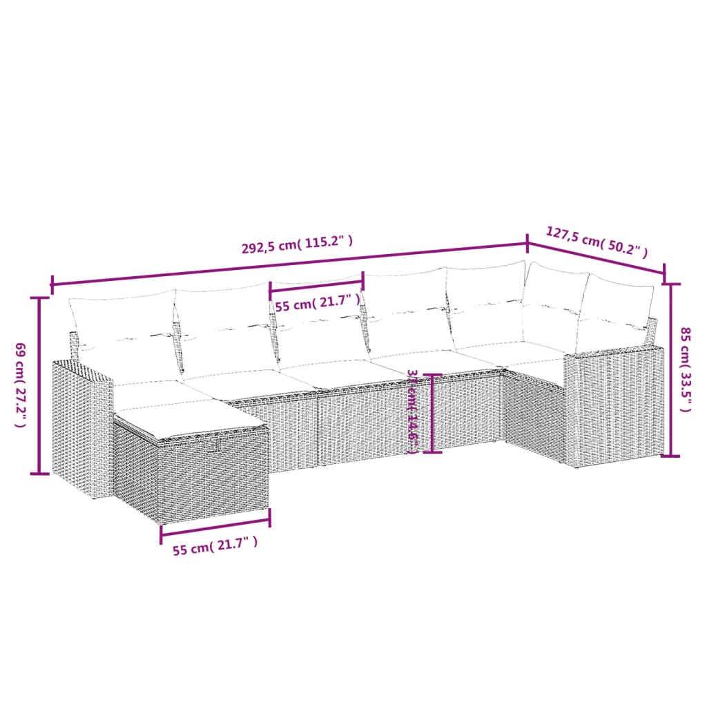 vidaXL 7 részes fekete polyrattan kerti ülőgarnitúra párnával