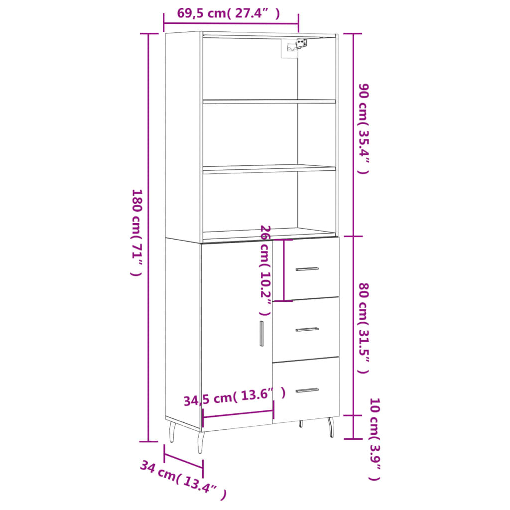 vidaXL füstös tölgy színű szerelt fa magasszekrény 69,5 x 34 x 180 cm