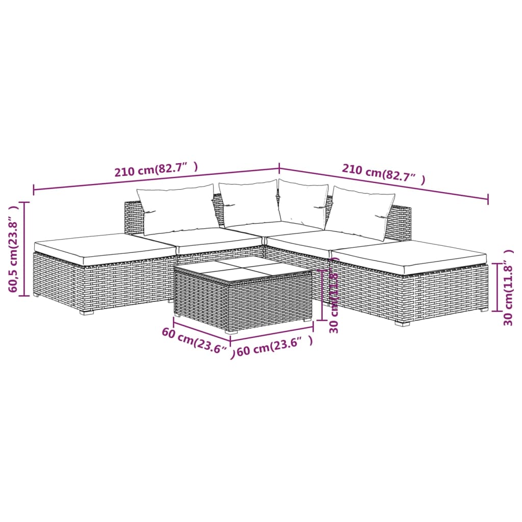 vidaXL 6 részes szürke polyrattan kerti ülőgarnitúra párnákkal