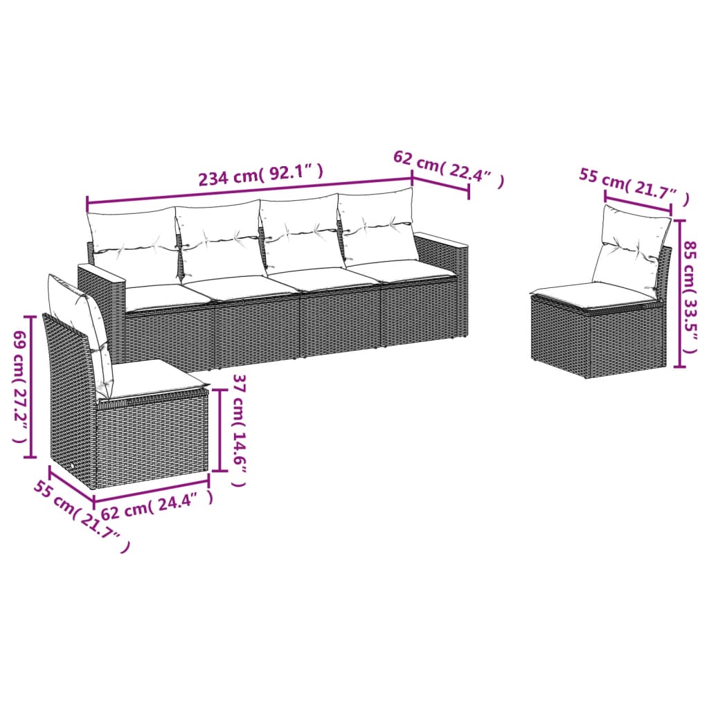 vidaXL 6 részes szürke polyrattan kerti ülőgarnitúra párnákkal