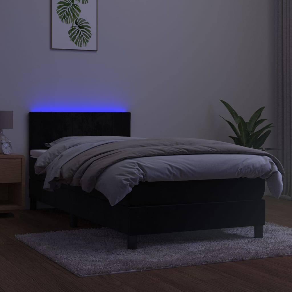 vidaXL fekete bársony rugós és LED-es ágy matraccal 90x190 cm