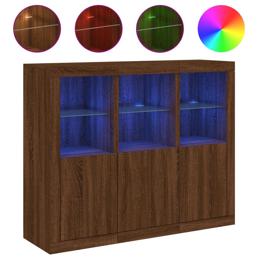 vidaXL 3 db barna tölgyszínű szerelt fa tálalószekrény LED-ekkel
