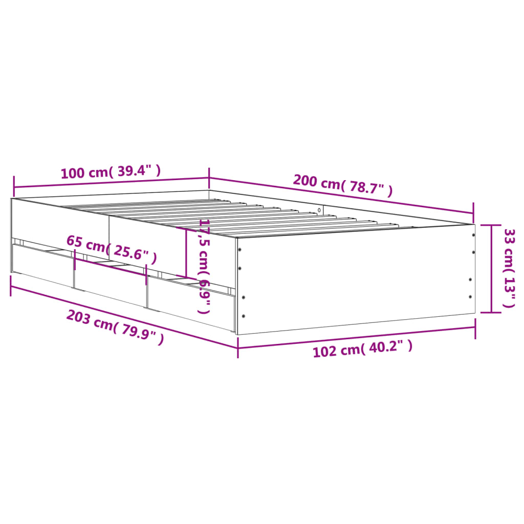 vidaXL betonszürke szerelt fa ágykeret fiókokkal 100 x 200 cm