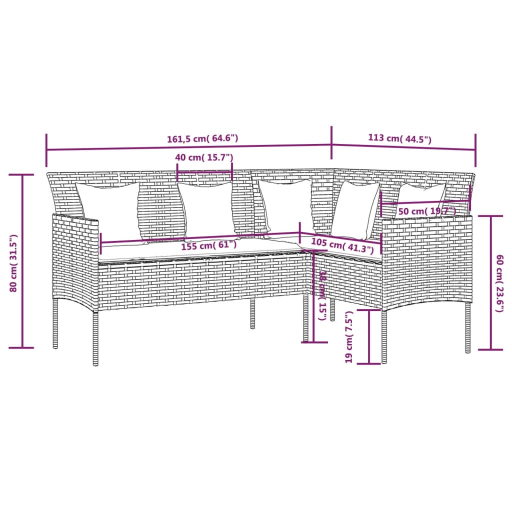 vidaXL fekete polyrattan L-alakú kanapé párnákkal