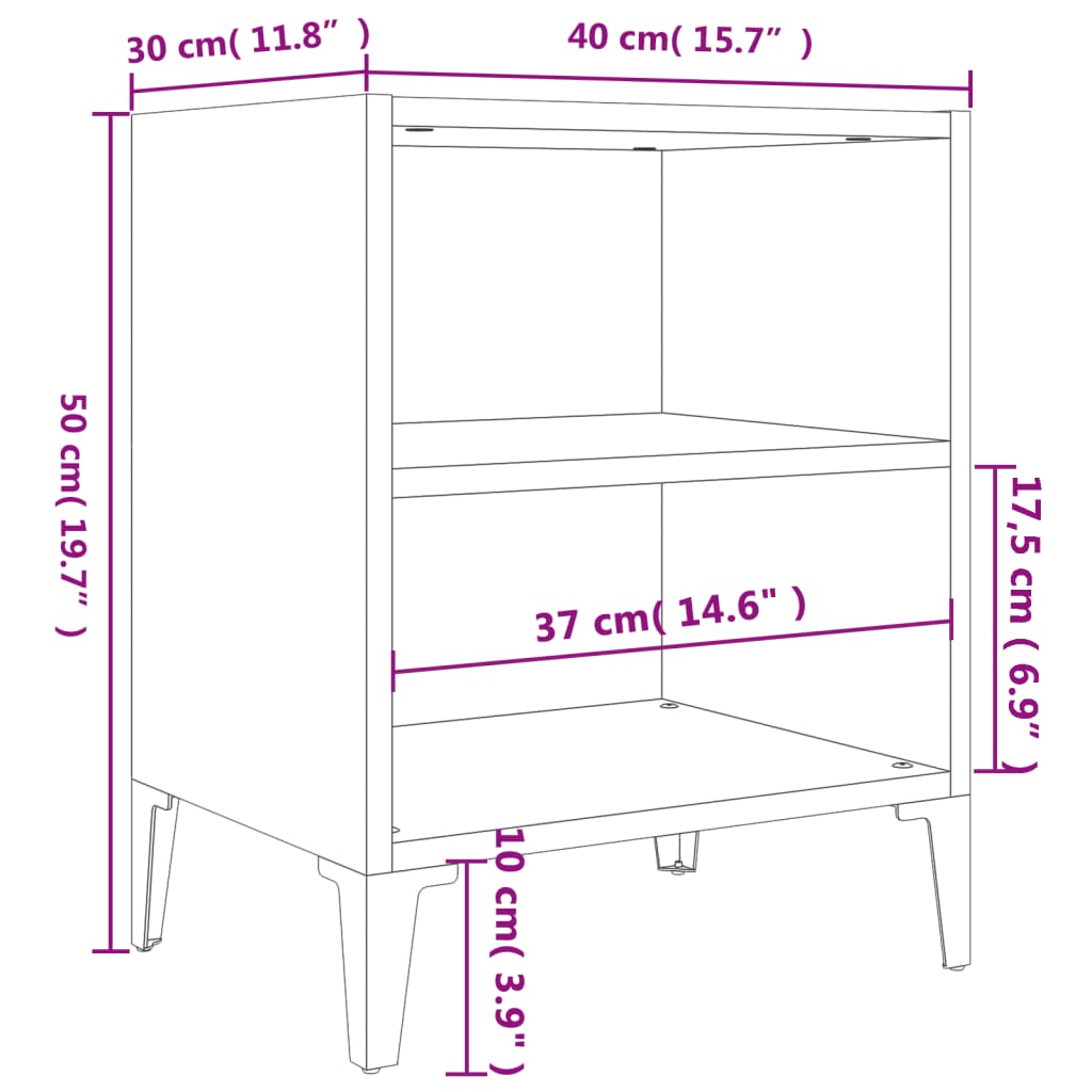 vidaXL füstös tölgy színű éjjeliszekrények fém lábbal 40 x 30 x 50 cm