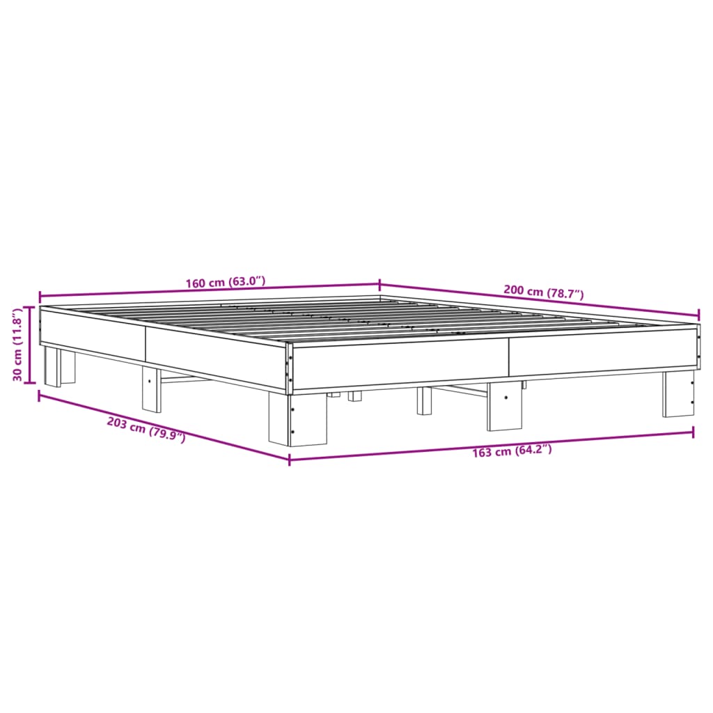 vidaXL füstös tölgy színű szerelt fa és fém ágykeret 160 x 200 cm