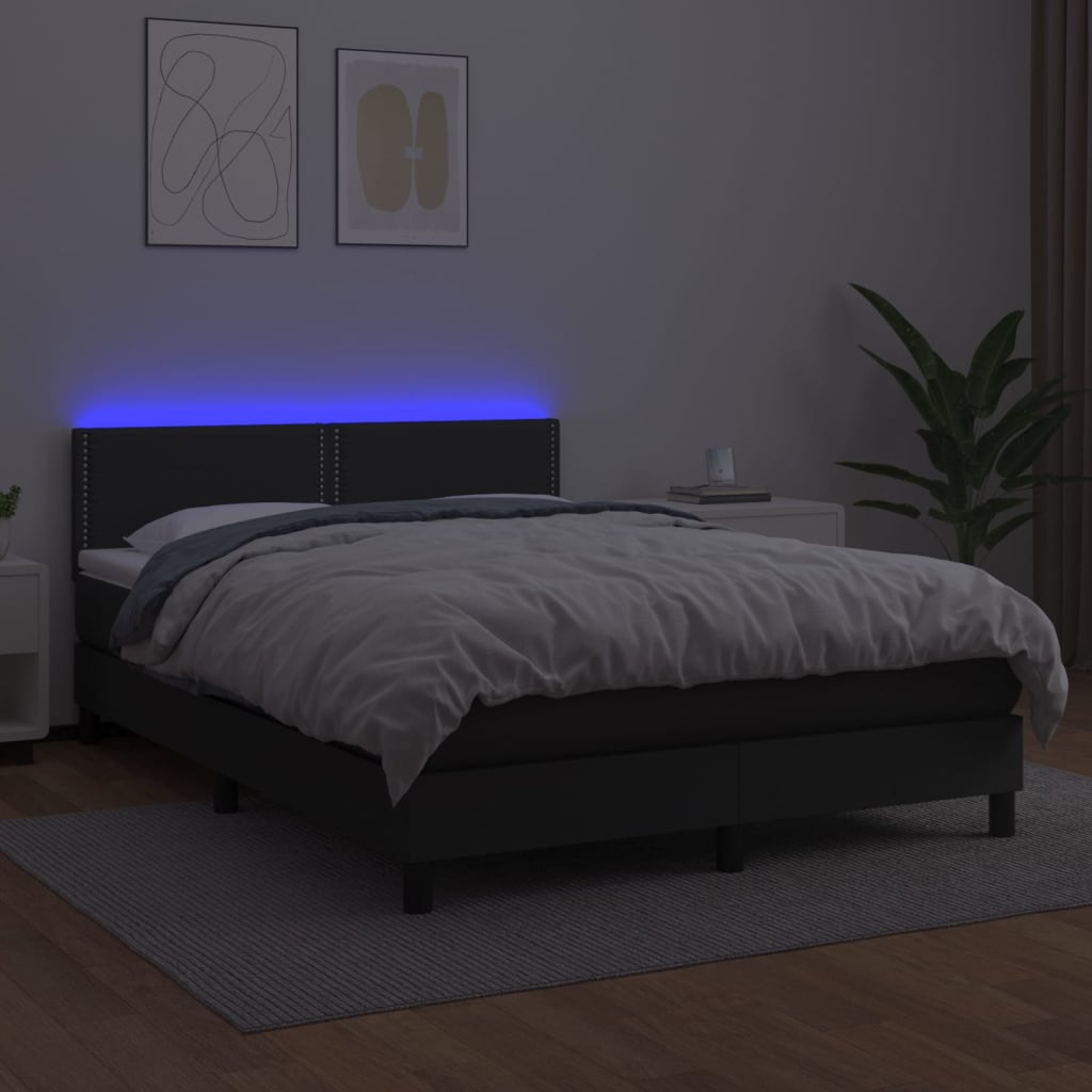 vidaXL fekete műbőr rugós ágy matraccal és LED-del 140x200 cm