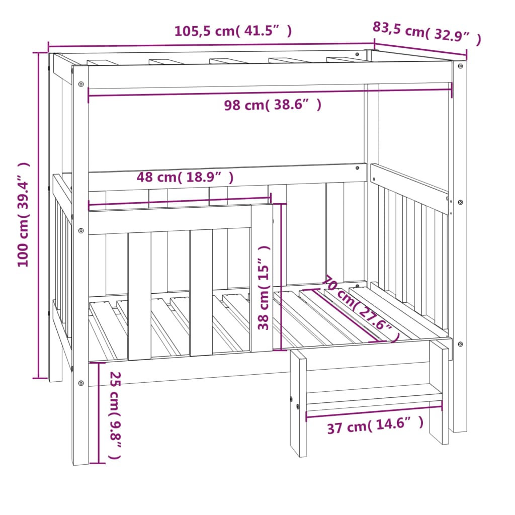 vidaXL fehér tömör fenyőfa kutyaágy 105,5x83,5x100 cm