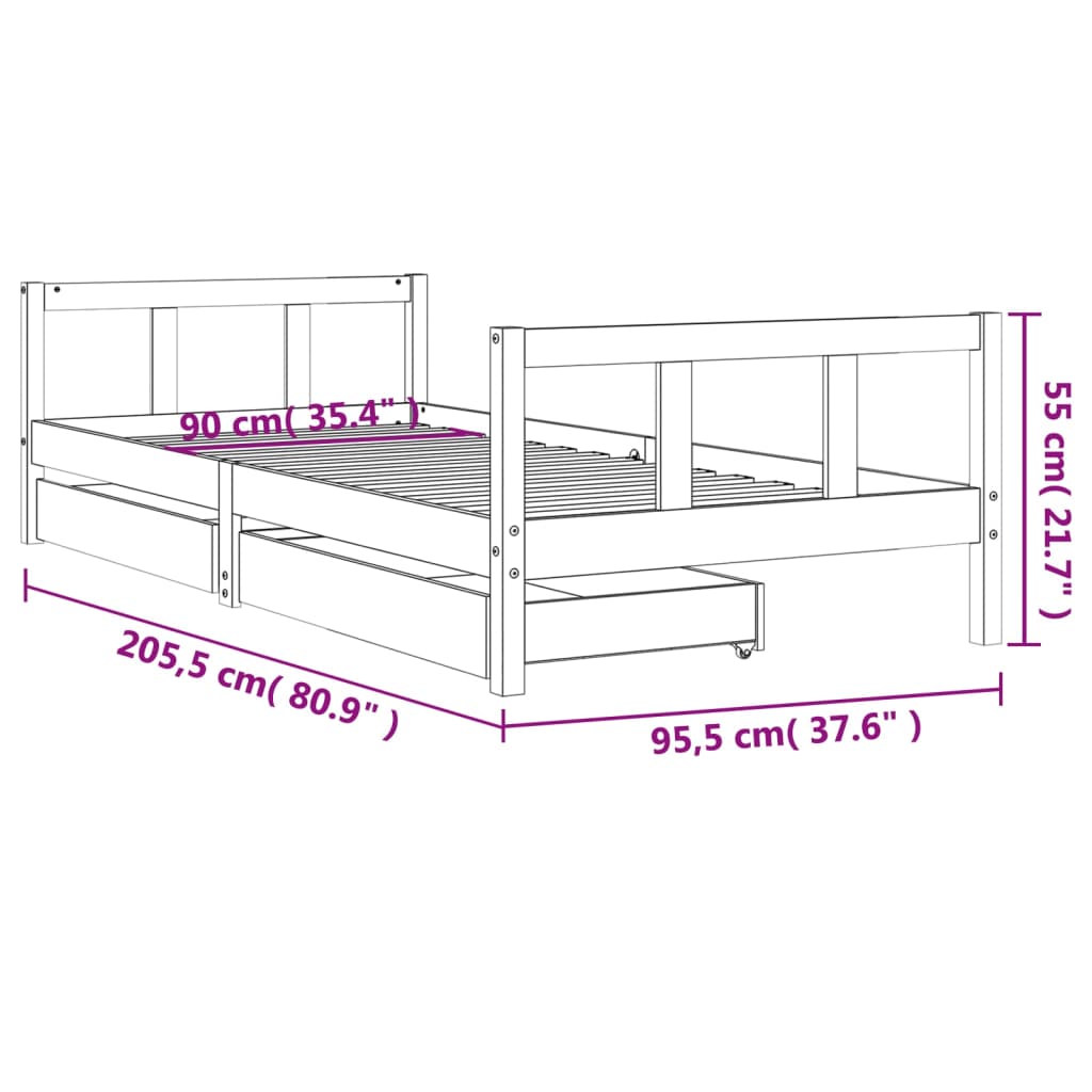 vidaXL fehér tömör fenyőfa gyerekágykeret fiókokkal 90 x 200 cm