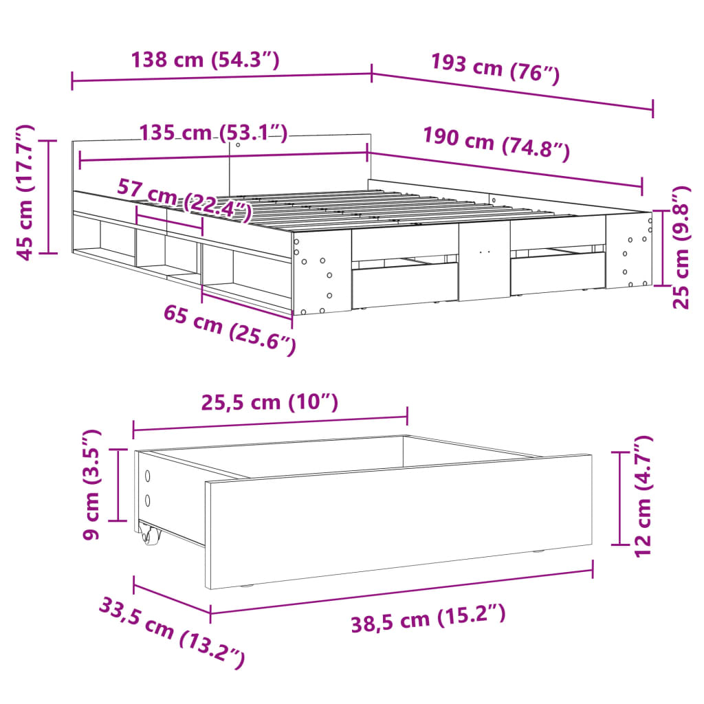 vidaXL sonoma tölgy színű szerelt fa ágykeret fiókokkal 135 x 190 cm