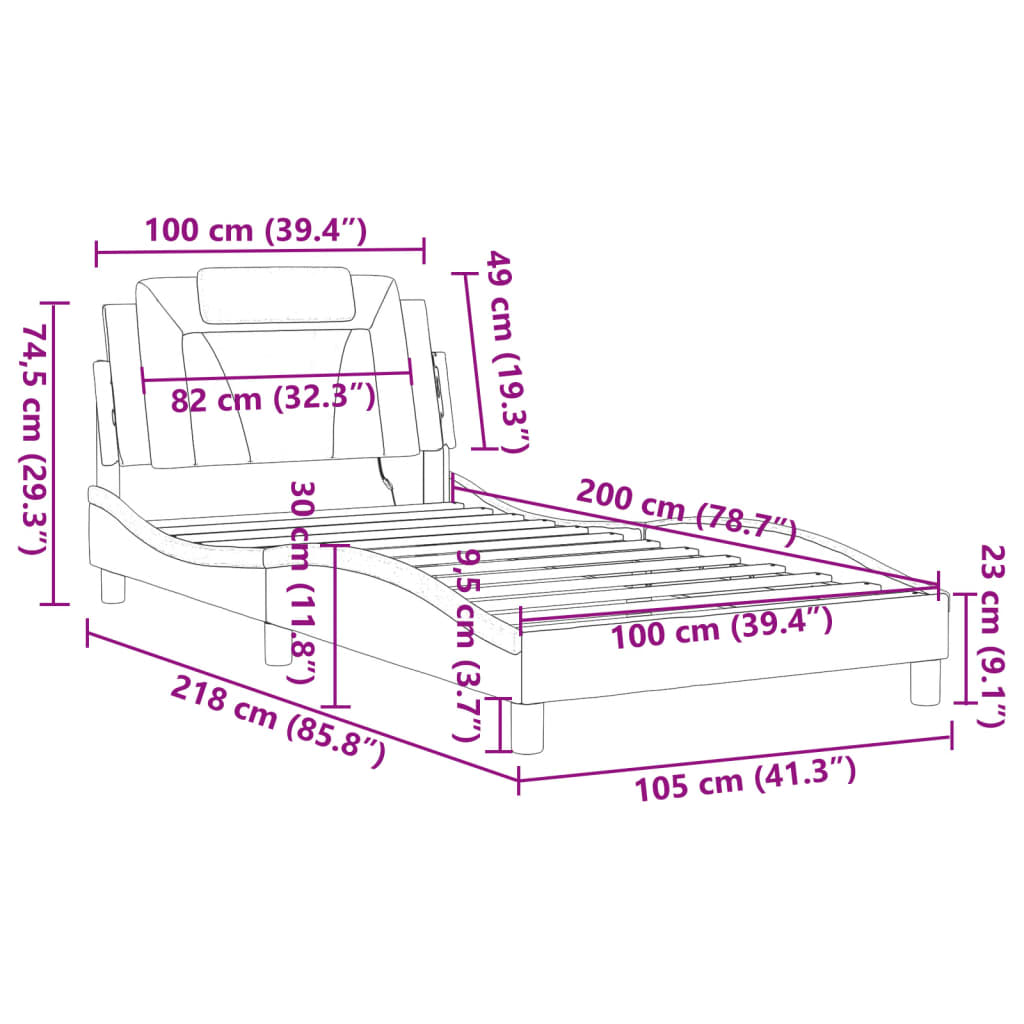 vidaXL fekete műbőr ágykeret LED-világítással 100 x 200 cm