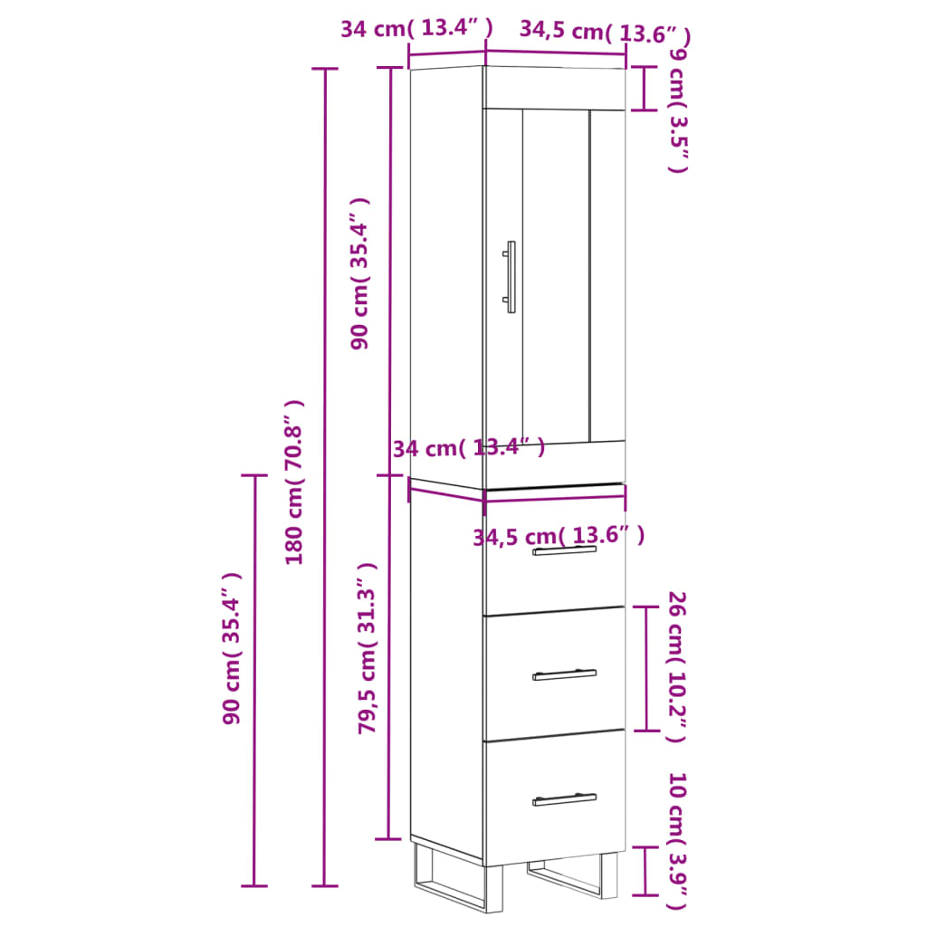 vidaXL szürke sonoma szerelt fa magasszekrény 34,5 x 34 x 180 cm