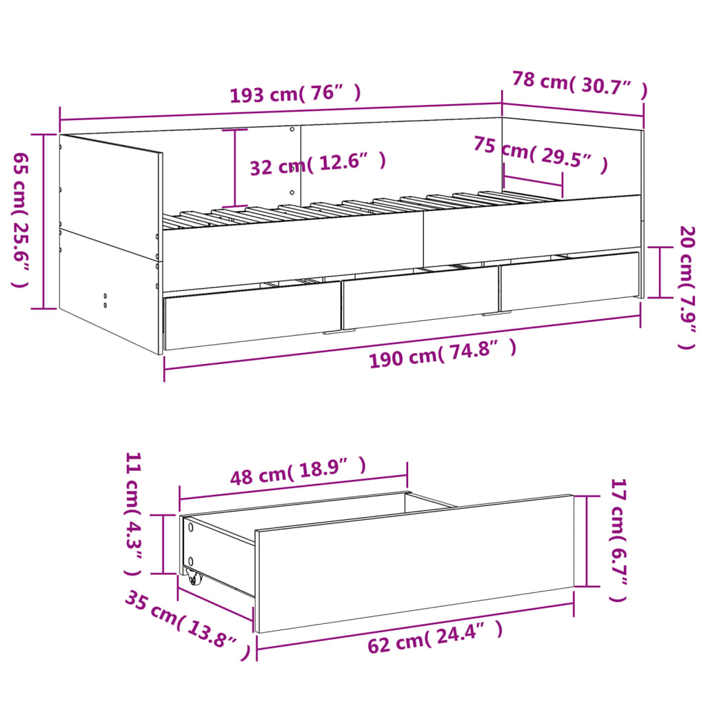 vidaXL barna tölgy kanapéágy fiókkal matrac nélkül 75x190 cm