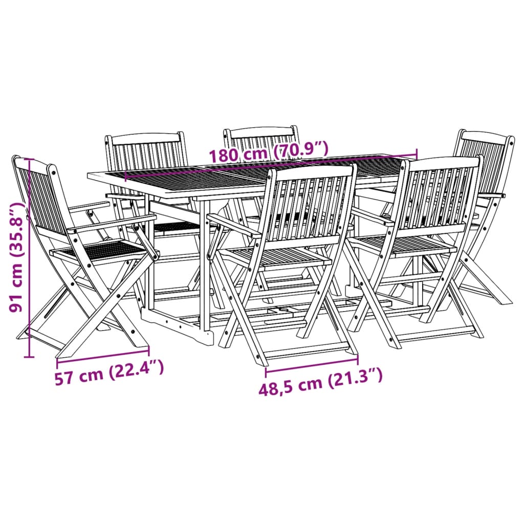 vidaXL 7 részes tömör akácfa kerti étkezőgarnitúra 180 x 90 x 75 cm