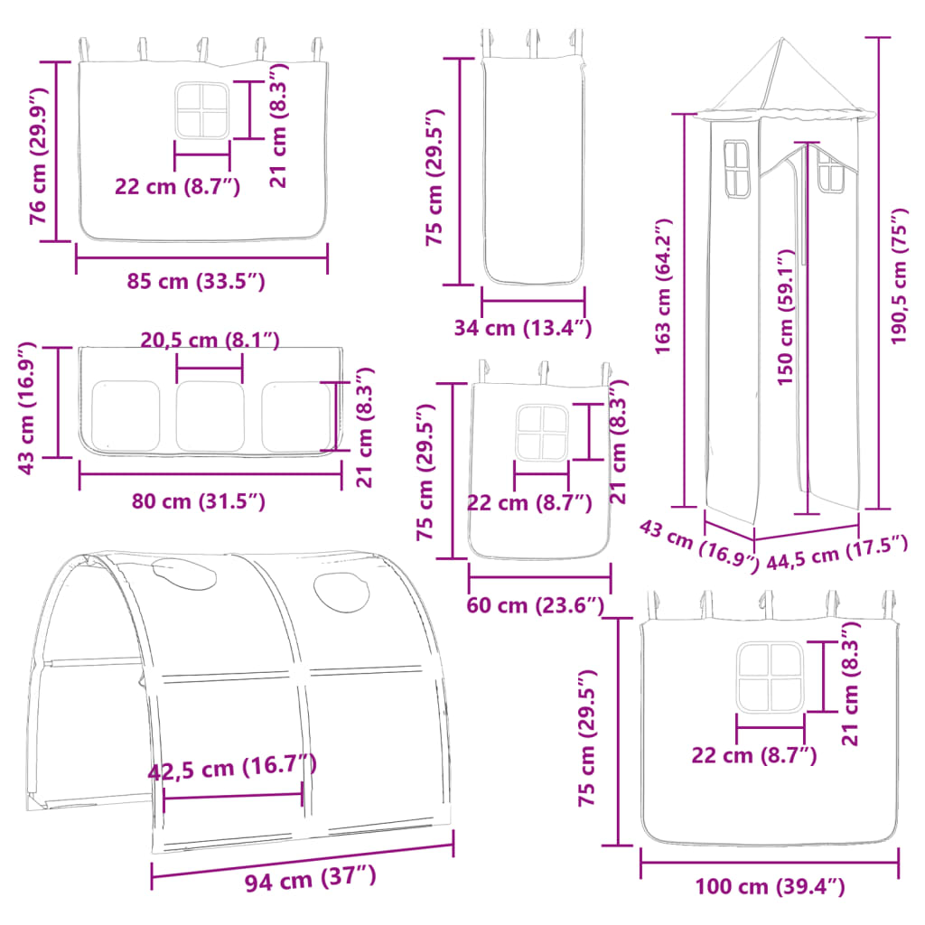 vidaXL fehér-fekete emeletes ágy csúszdával és függönnyel 80 x 200 cm