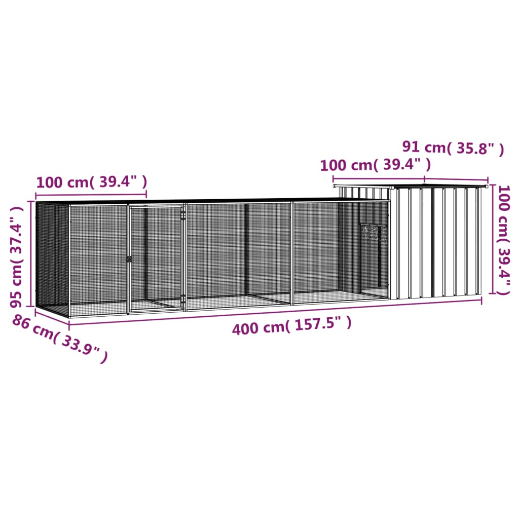 vidaXL antracitszürke horganyzott acél csirkeketrec 400x91x100 cm