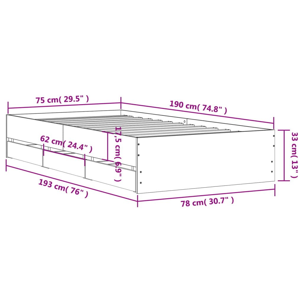 vidaXL sonoma tölgy színű szerelt fa ágykeret fiókokkal 75x 190 cm