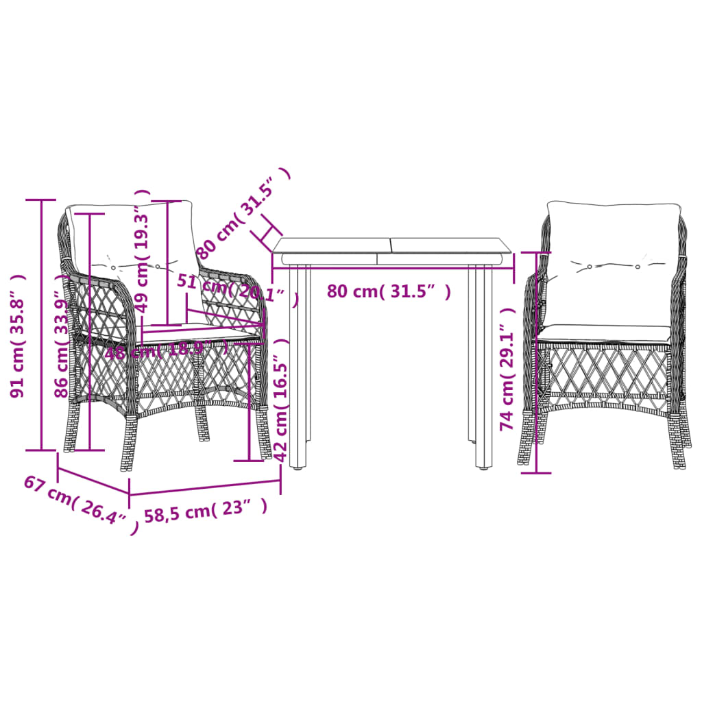 vidaXL 3 részes fekete polyrattan bisztrógarnitúra párnával