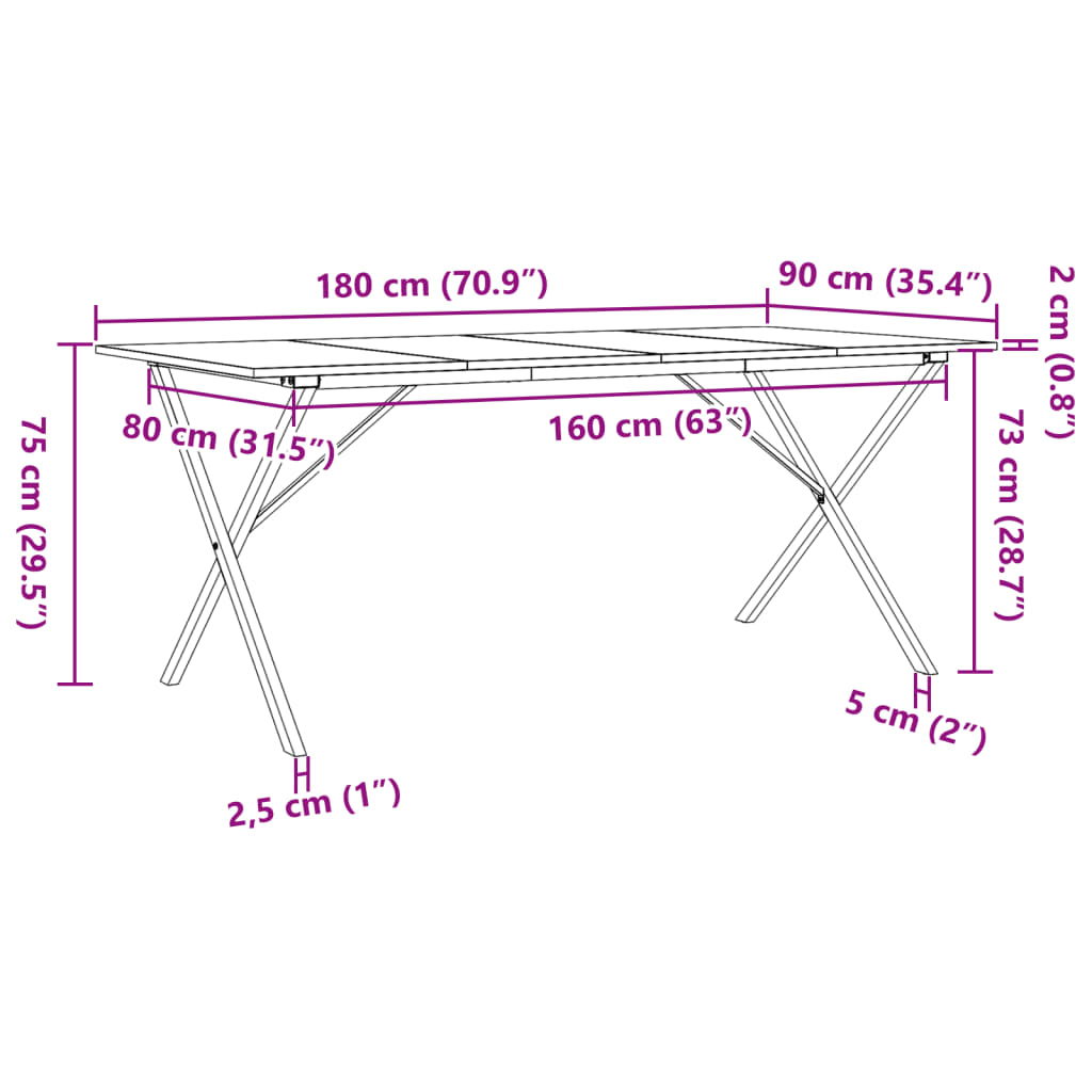 vidaXL tömör fenyőfa és öntöttvas étkezőasztal X-vázzal 180x90x75 cm