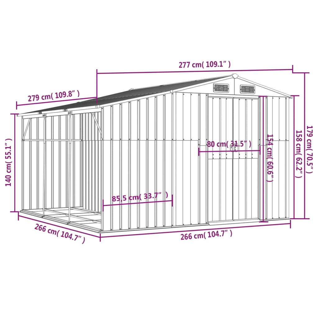 vidaXL antracitszürke horganyzott acél kerti fészer 277x279x179 cm