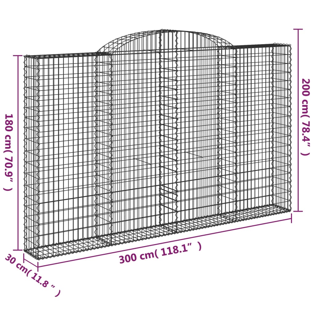 vidaXL íves horganyzott vas gabion kosár 300 x 30 x 180/200 cm