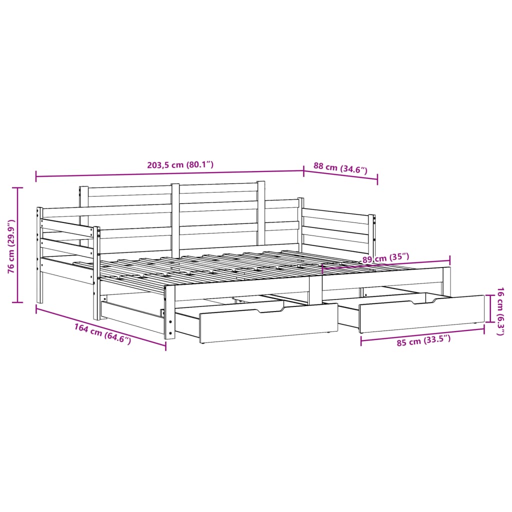 vidaXL fehér tömör fenyőfa kihúzható kanapéágy fiókkal 80x200 cm