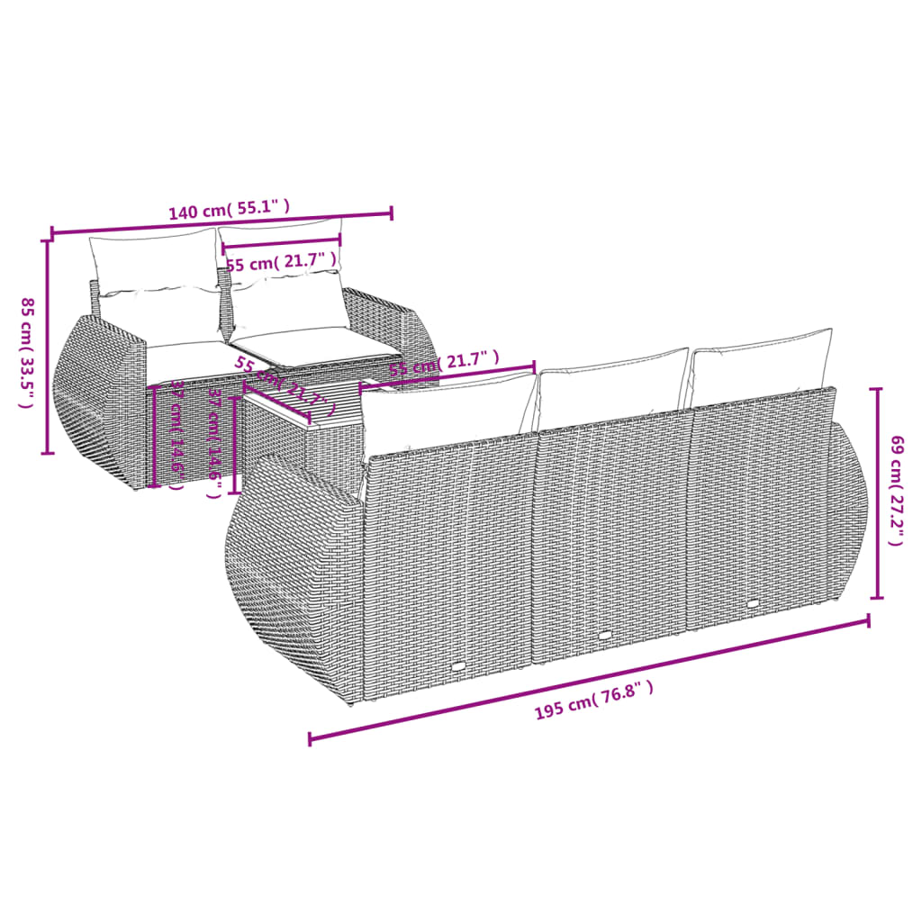 vidaXL 6 részes fekete polyrattan kerti ülőgarnitúra párnákkal