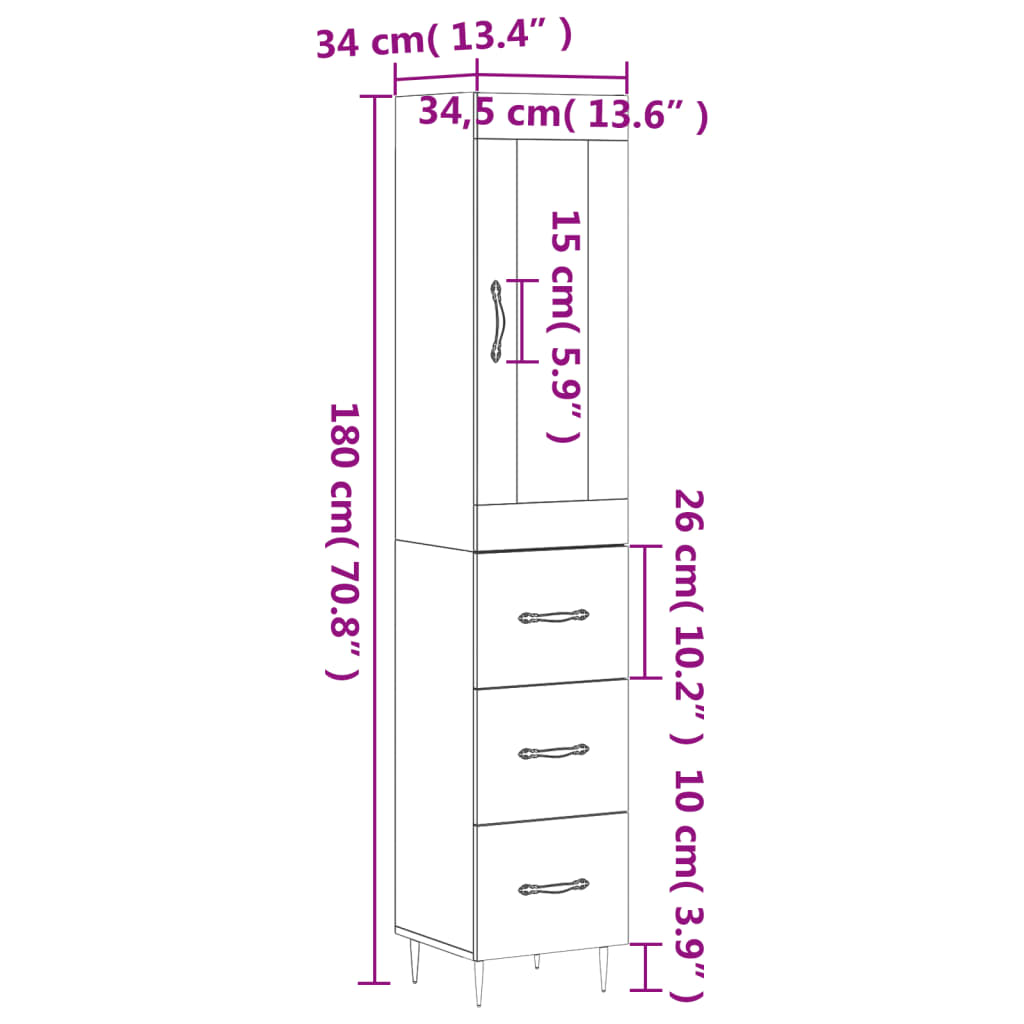 vidaXL füstös tölgy színű szerelt fa magasszekrény 34,5x34x180 cm