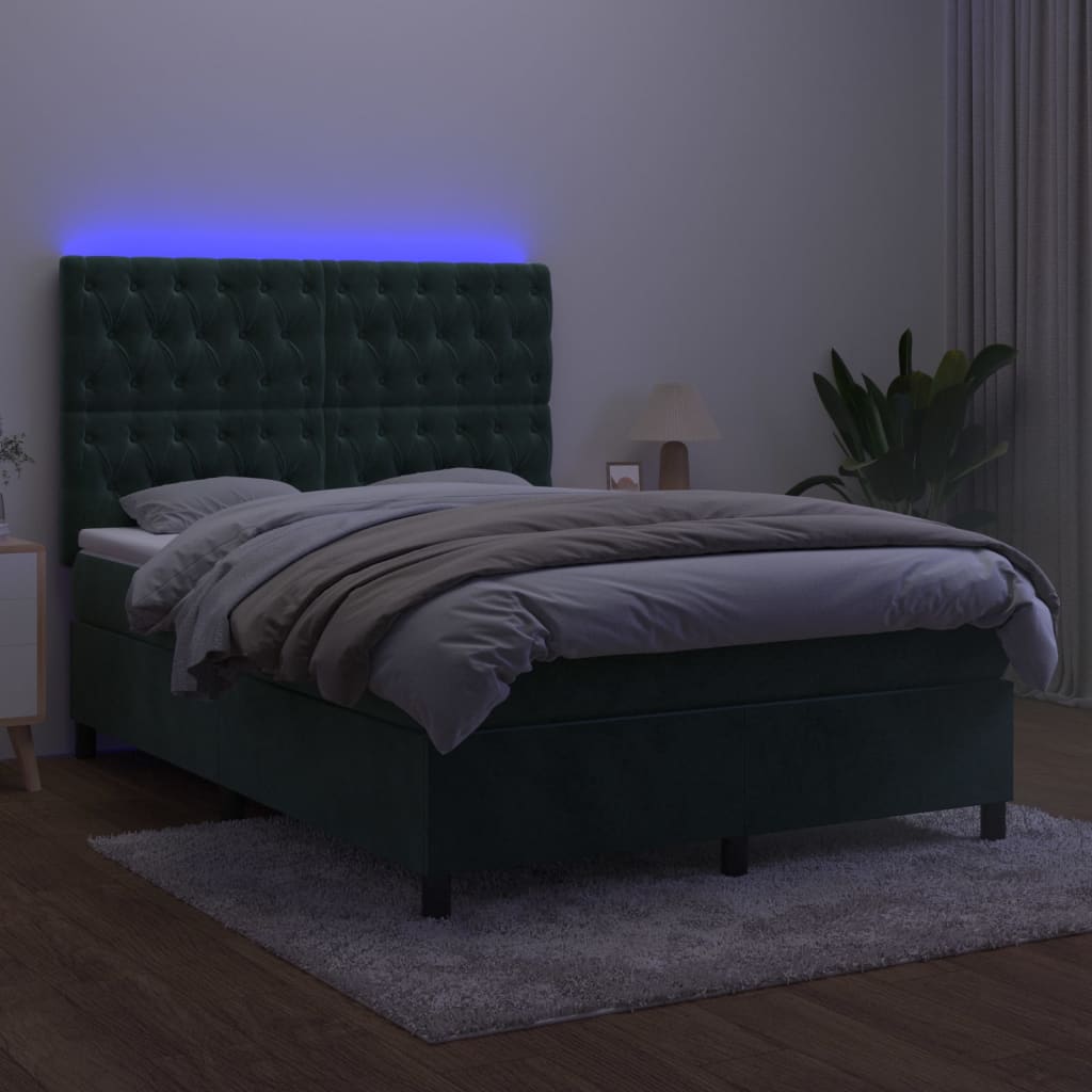 vidaXL sötétzöld bársony rugós és LED-es ágy matraccal 140x190 cm