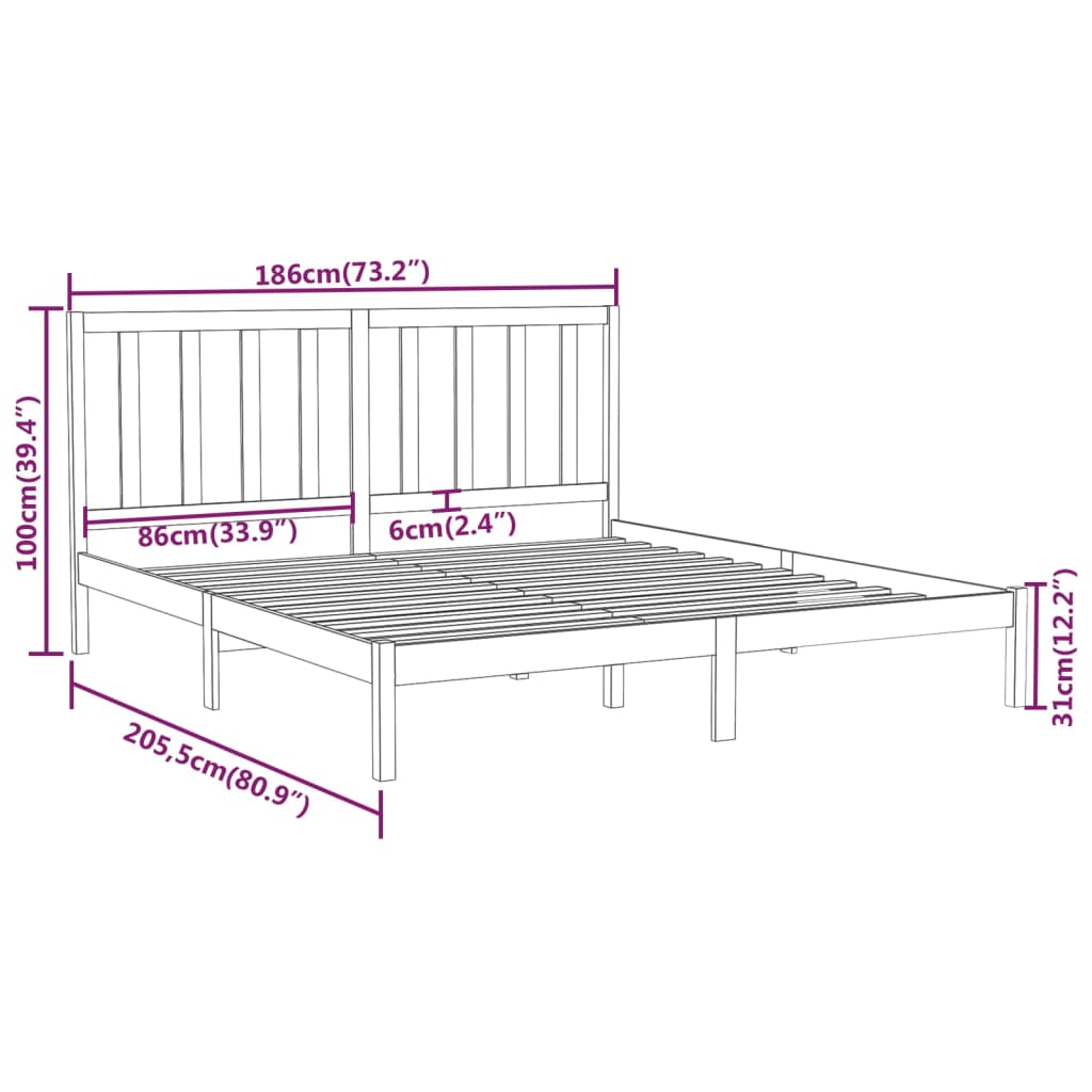 vidaXL Super King fekete tömör fa ágykeret 180 x 200 cm