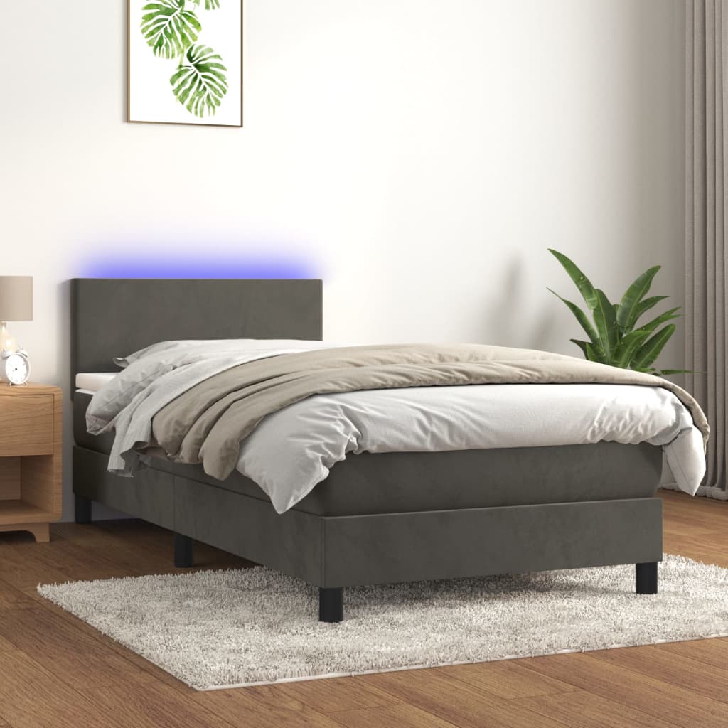 vidaXL sötétszürke bársony rugós és LED-es ágy matraccal 90x190 cm