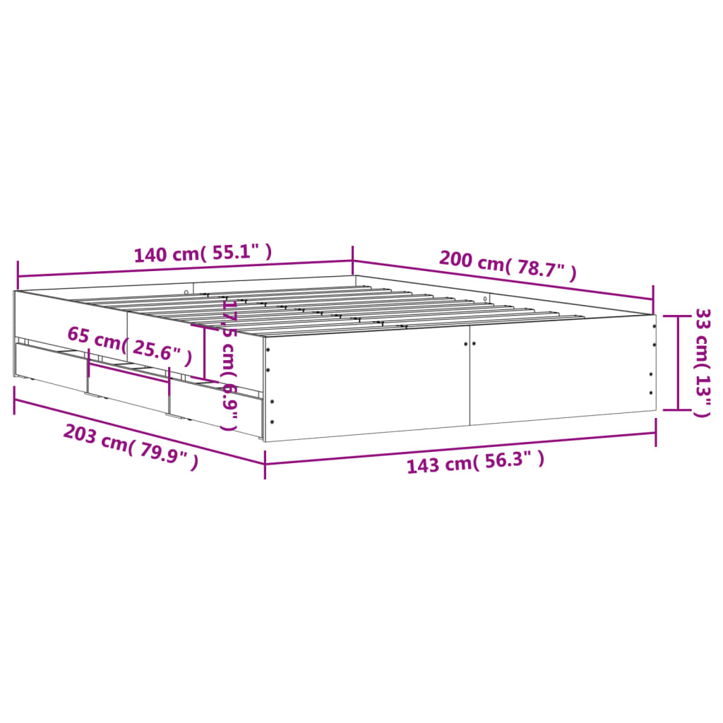 vidaXL szürke sonoma színű szerelt fa ágykeret fiókokkal 140x200 cm