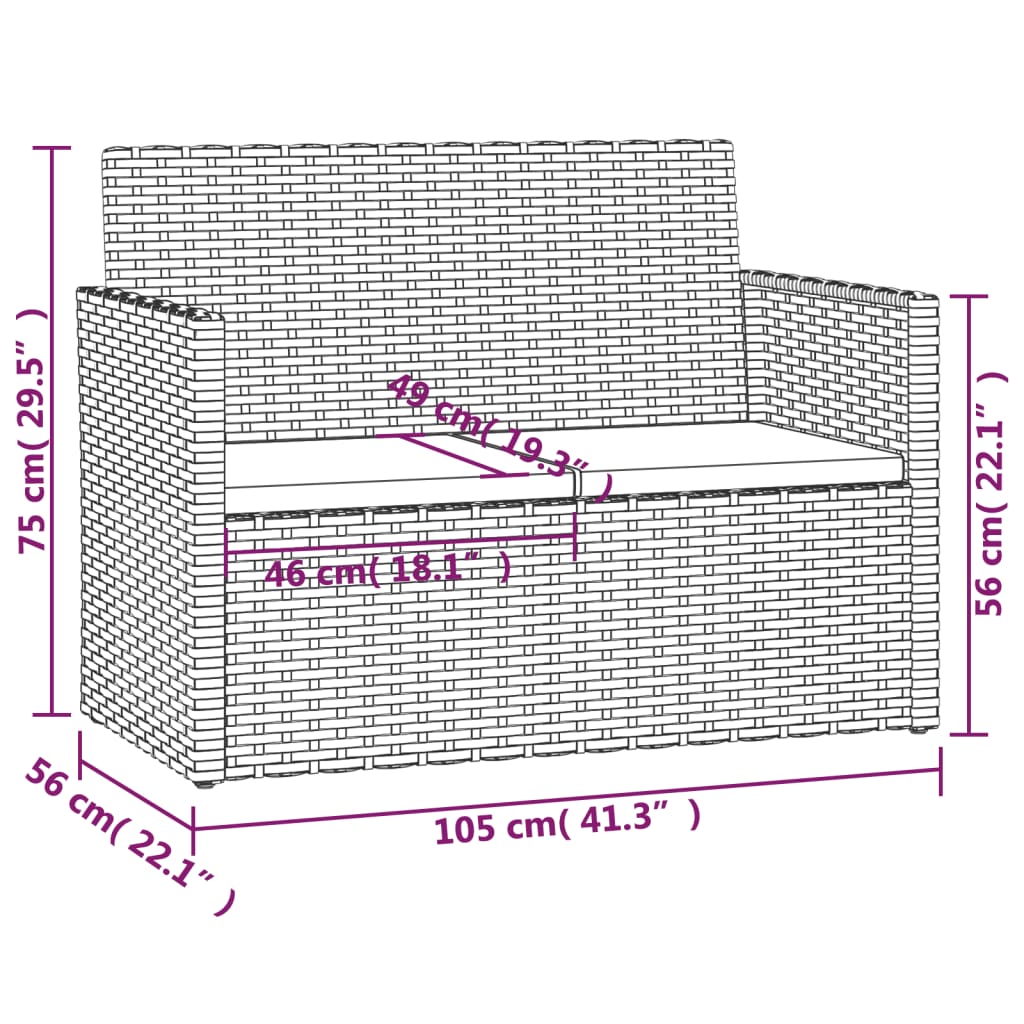 vidaXL fekete polyrattan kerti pad párnákkal 105 cm