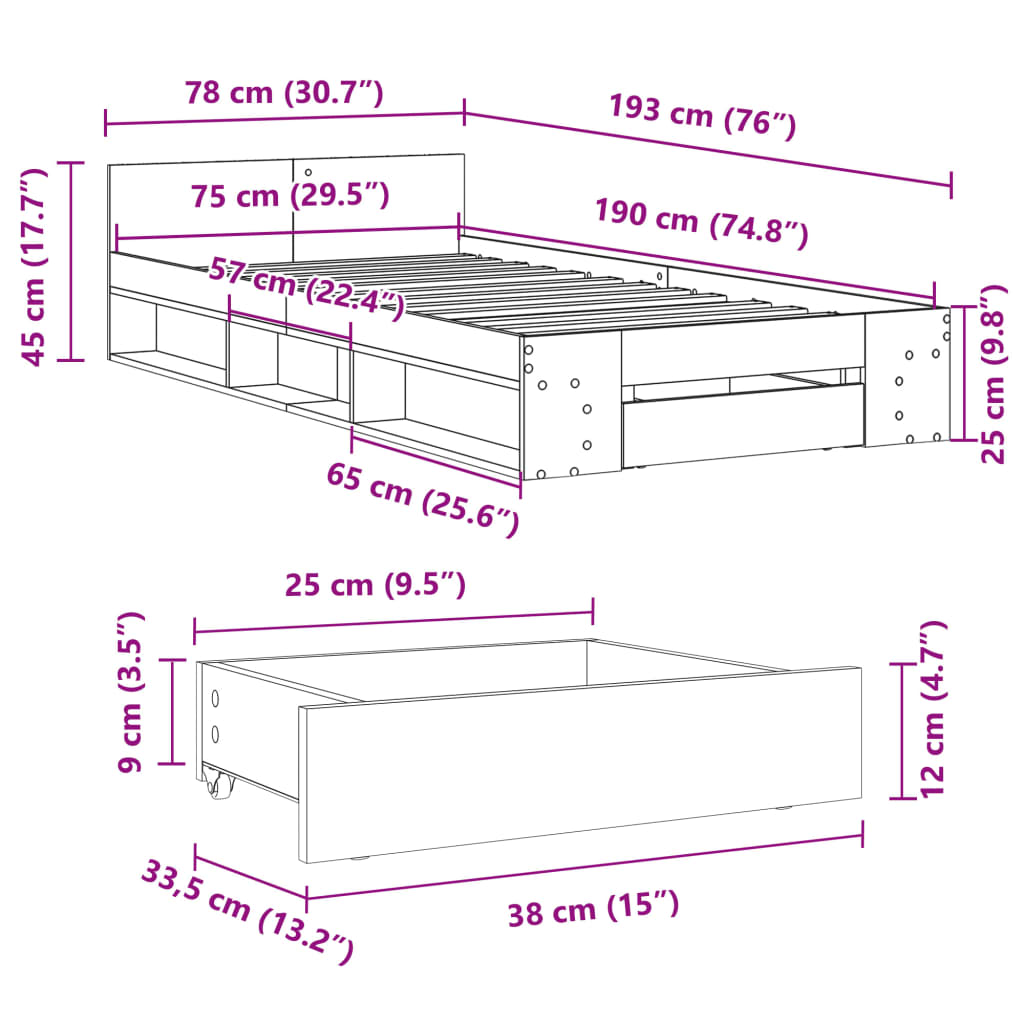 vidaXL barna tölgyszínű szerelt fa ágykeret 75 x 190 cm