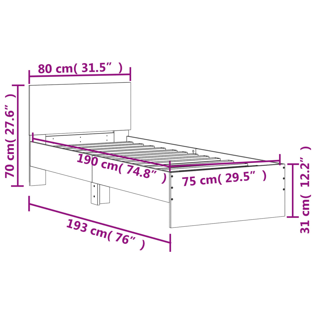 vidaXL szürke sonoma színű ágykeret fejtámlával és LED-ekkel 75x190 cm