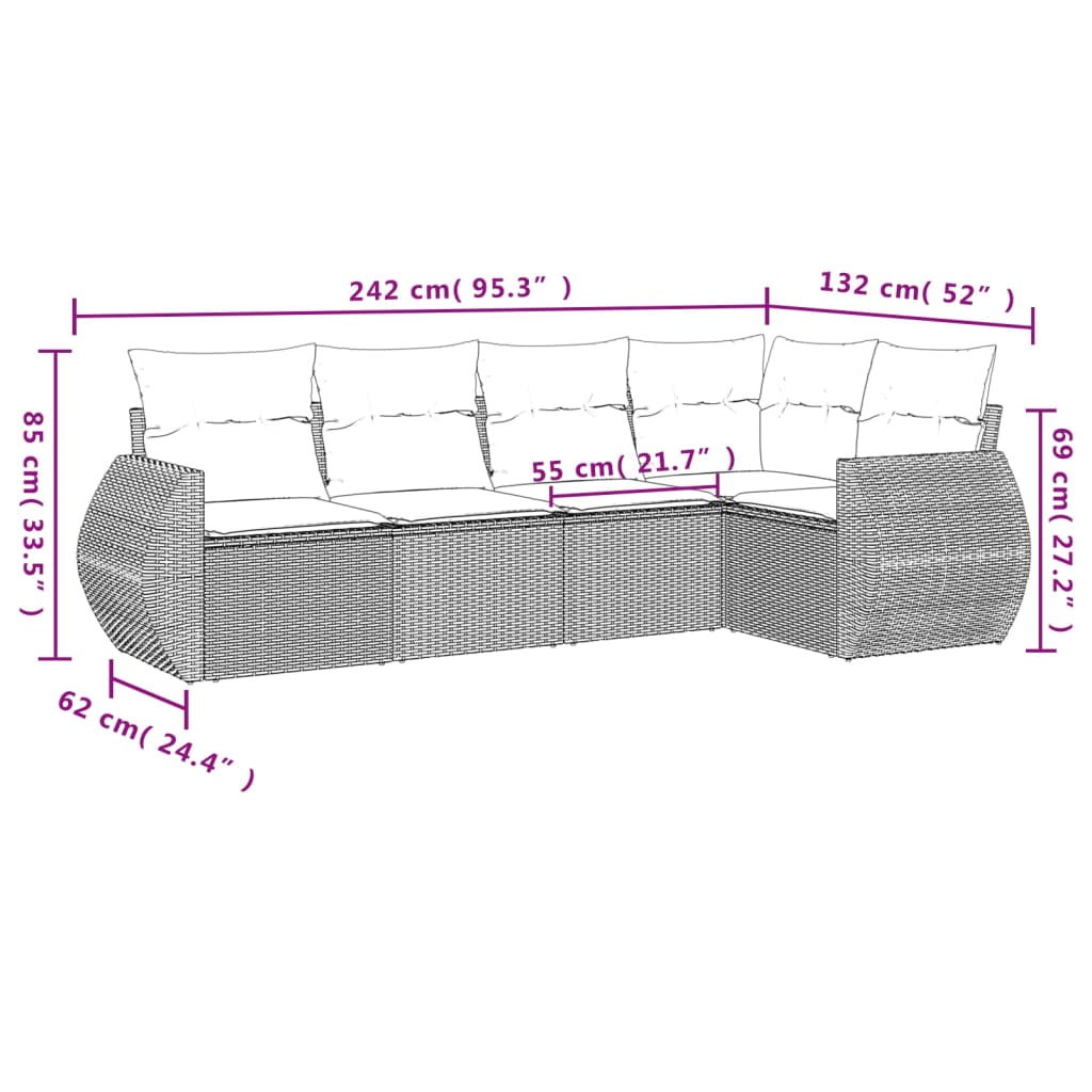 vidaXL 5 részes fekete polyrattan kerti kanapészett párnákkal