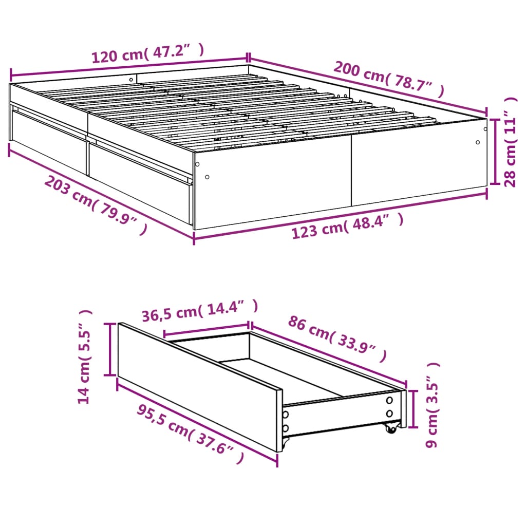 vidaXL szürke sonoma színű szerelt fa ágykeret fiókokkal 120 x 200 cm