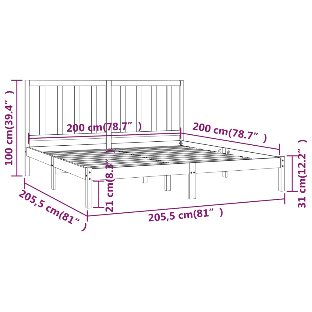 vidaXL fekete tömör fenyőfa ágykeret 200 x 200 cm