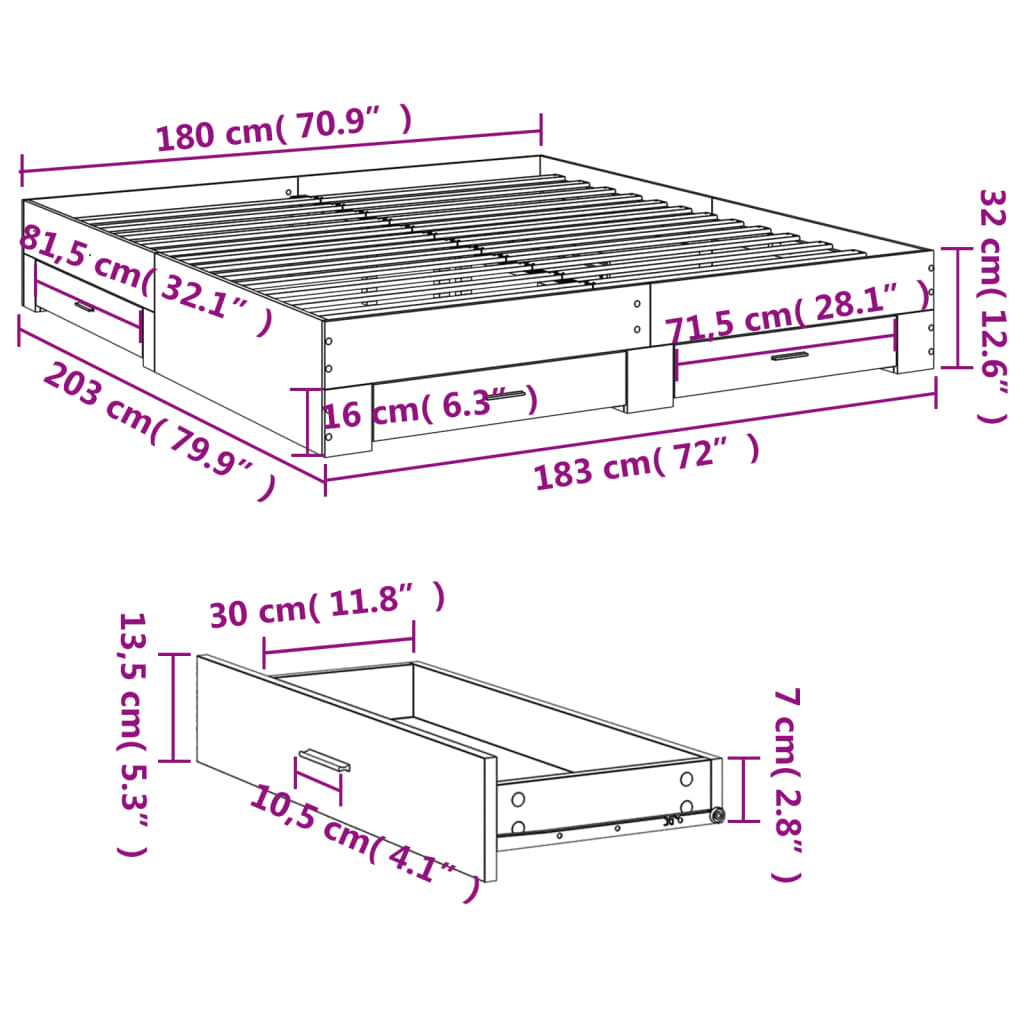 vidaXL sonoma tölgy színű szerelt fa ágykeret fiókokkal 180 x 200 cm