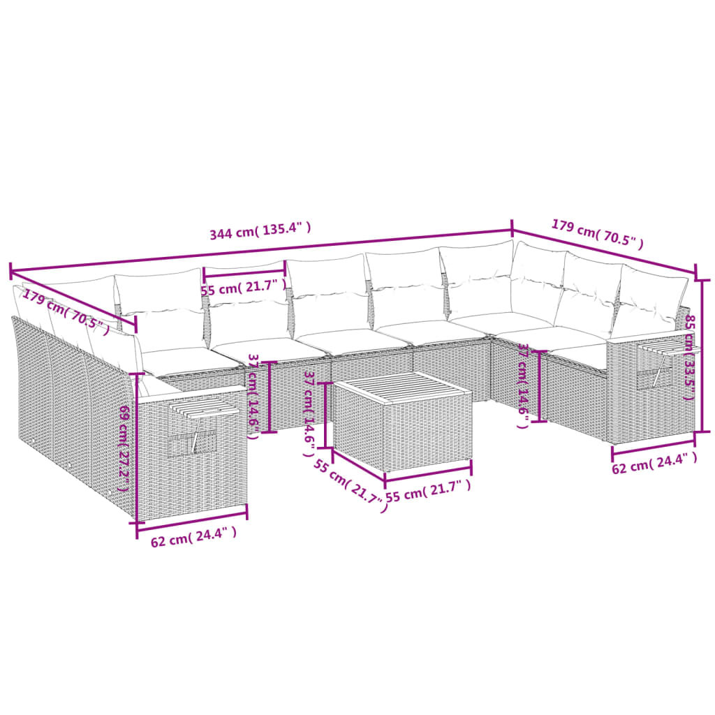 vidaXL 11 részes fekete polyrattan kerti ülőgarnitúra párnákkal