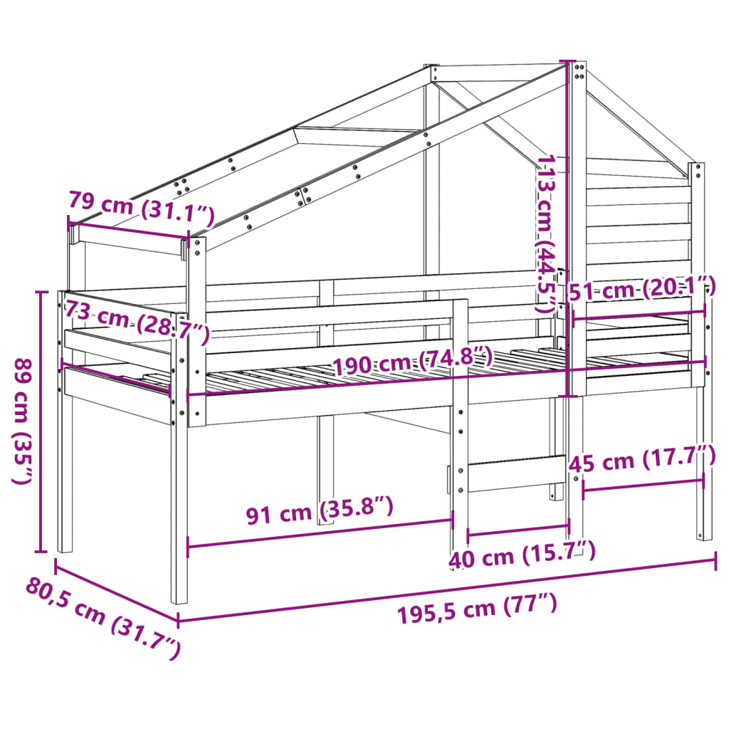 vidaXL fehér tömör fenyőfa magasított ágy tetővel 75 x 190 cm