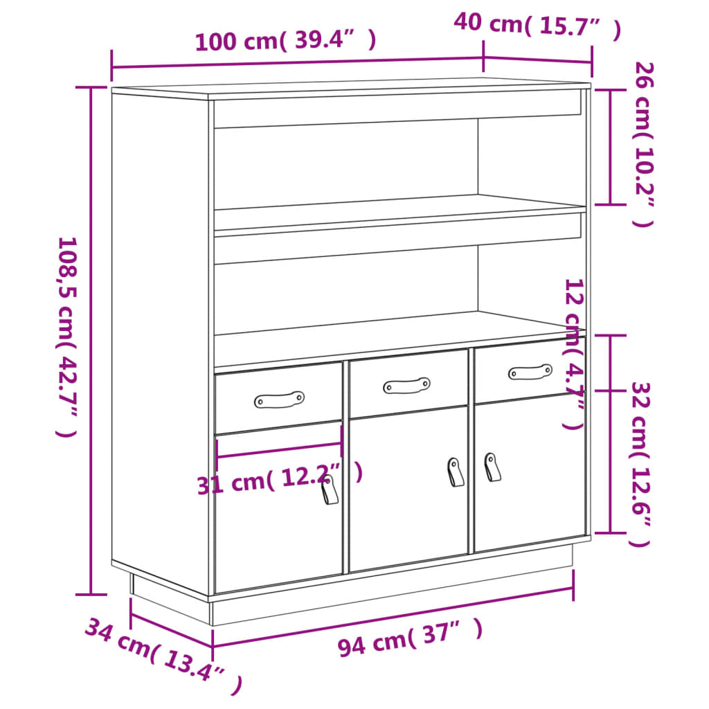 vidaXL fehér tömör fenyőfa magasszekrény 100 x 40 x 108,5 cm