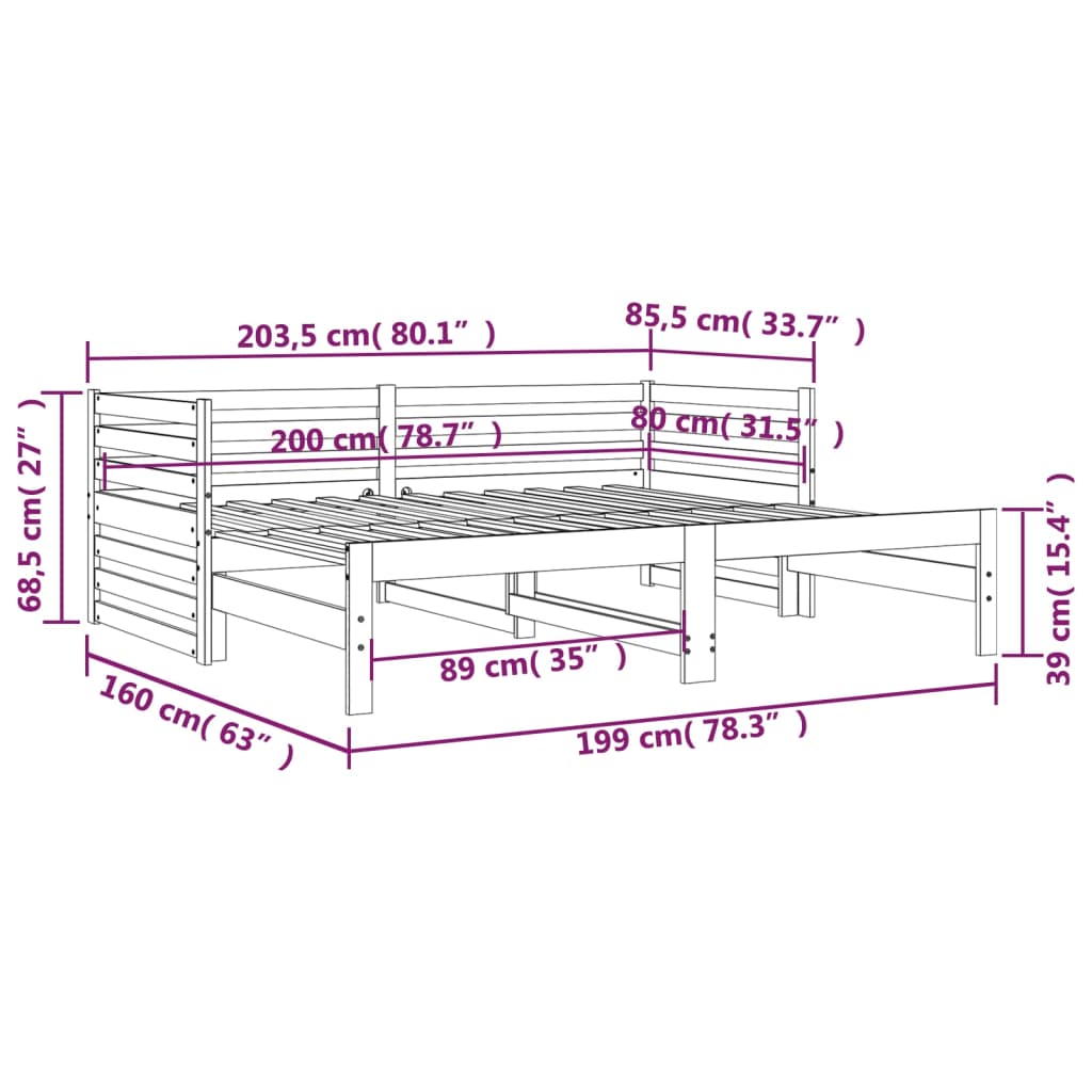 vidaXL fekete tömör fenyőfa kihúzható kanapéágy 2 x (80 x 200) cm