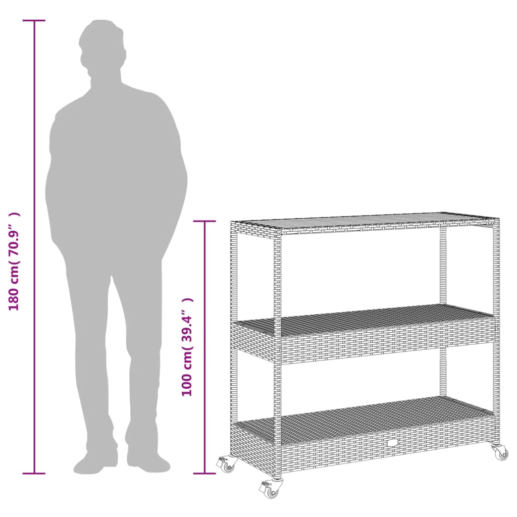 vidaXL 3 szintes szürke polyrattan és tömör akácfa zsúrkocsi