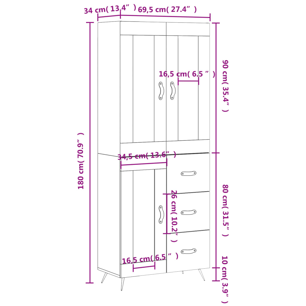 vidaXL barna tölgy színű szerelt fa magasszekrény 69,5 x 34 x 180 cm