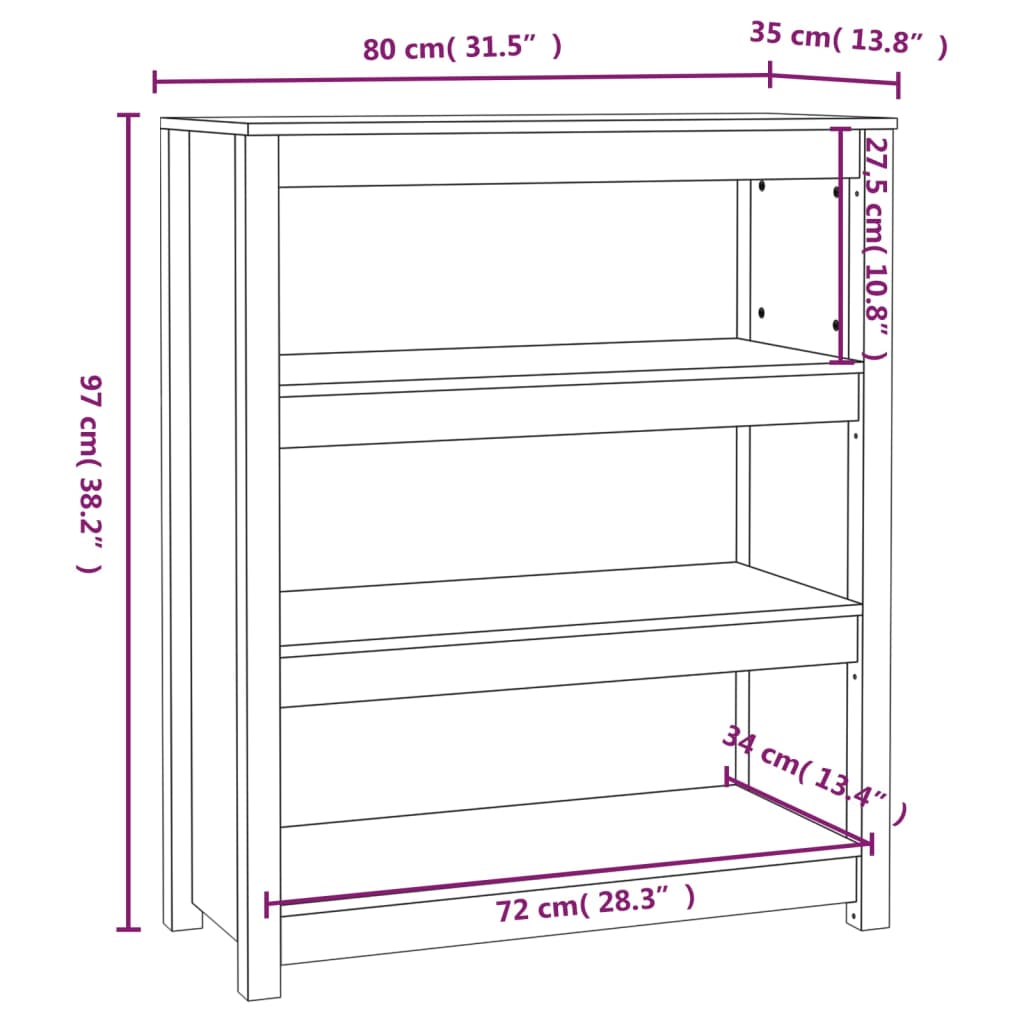 vidaXL tömör fenyőfa könyvszekrény 80x35x97 cm