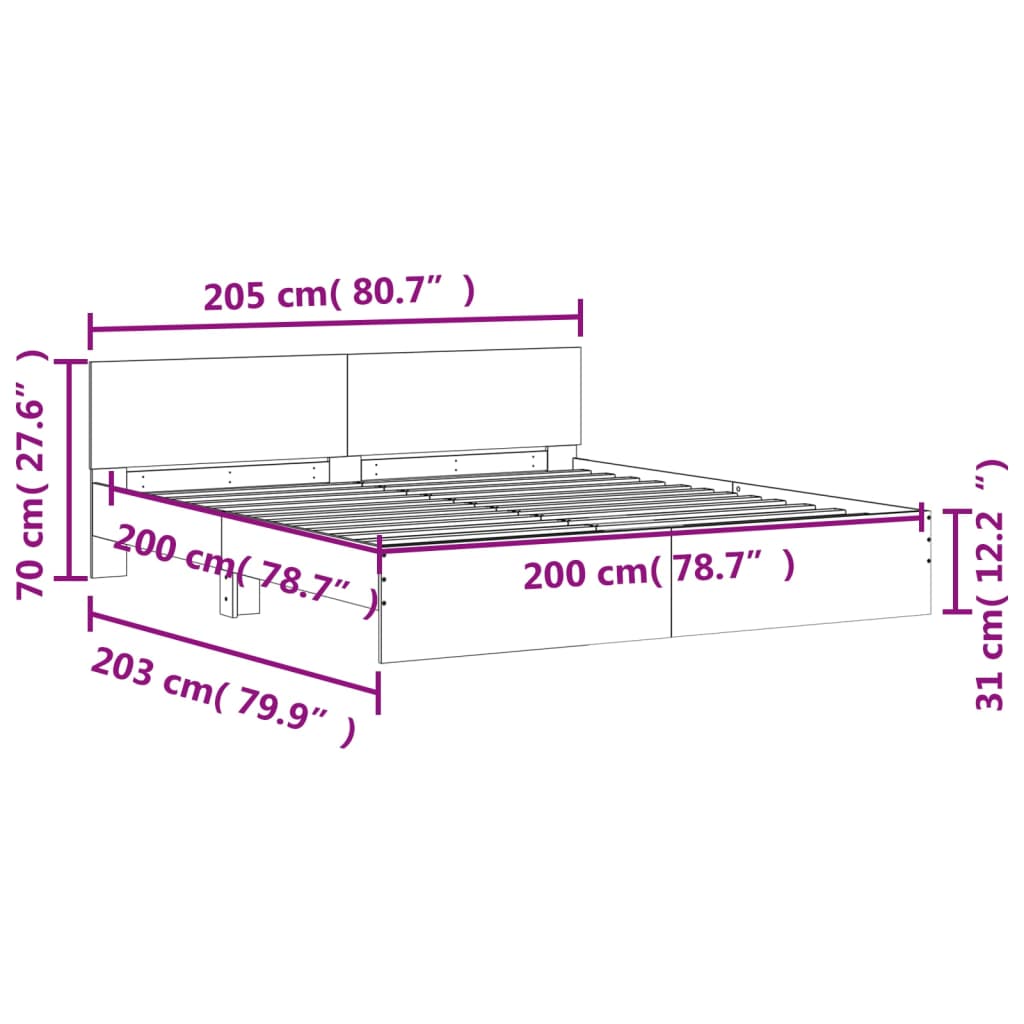 vidaXL szürke sonoma színű ágykeret fejtámlával és LED-del 200x200 cm