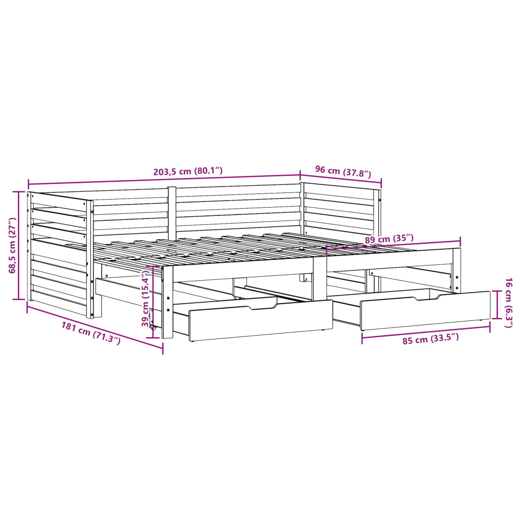 vidaXL fehér tömör fenyőfa kanapéágy fiókokkal 90 x 200 cm